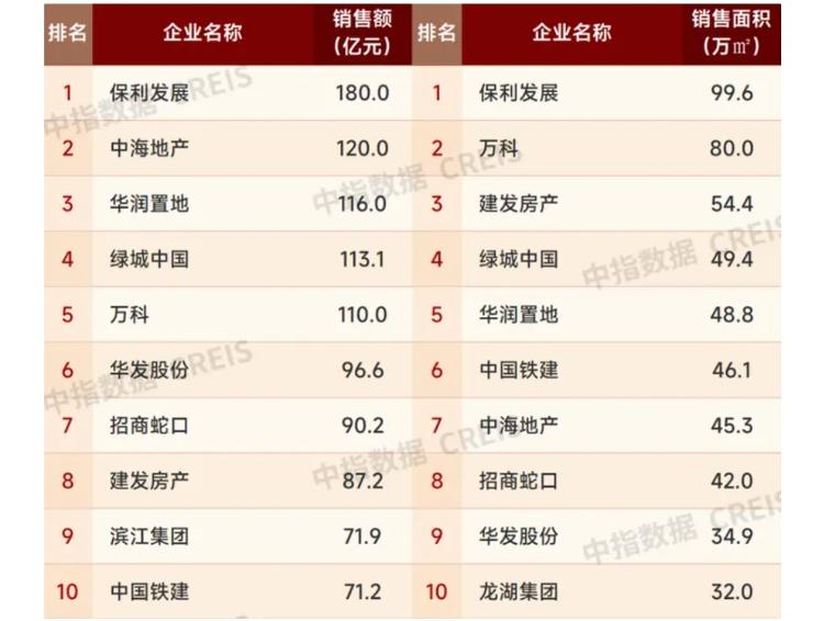 2025年1月房企销售金额及面积TOP10